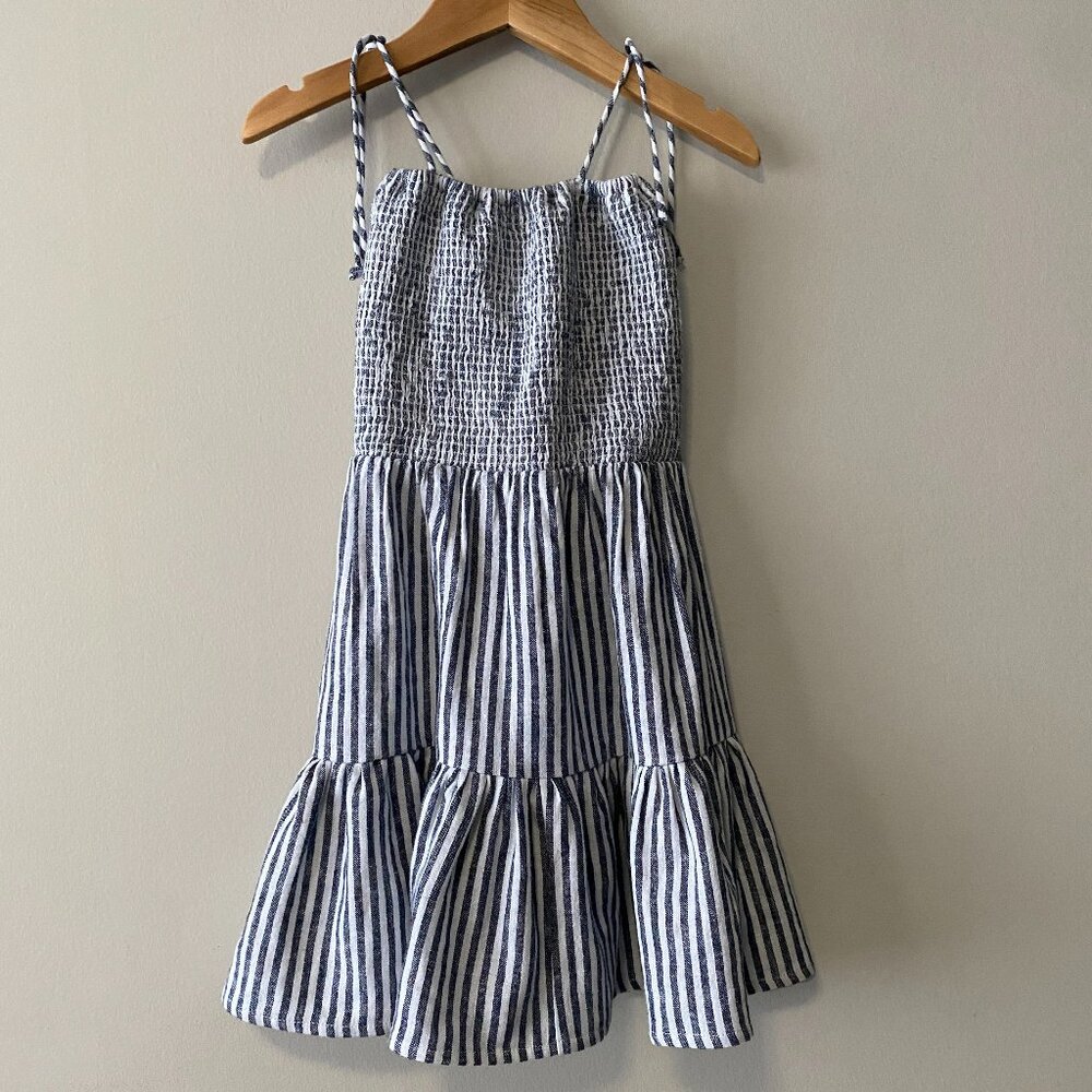 Handmade Children's Linen Rayon Navy Blue White Stripes Spaghetti Strap Dress